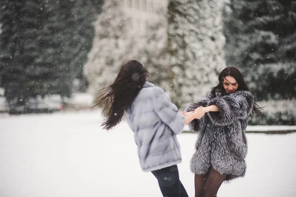 Смішні дівчата насолоджуються зимовою погодою — стокове фото