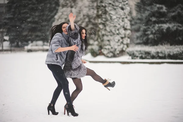 Vtipné dívky užívat zimní počasí — Stock fotografie