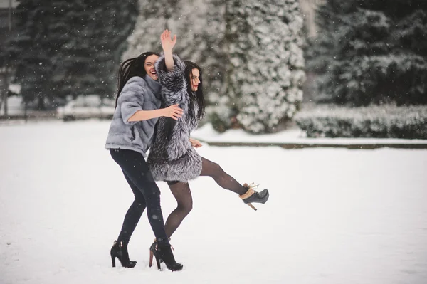 Meninas engraçadas desfrutando do tempo de inverno — Fotografia de Stock