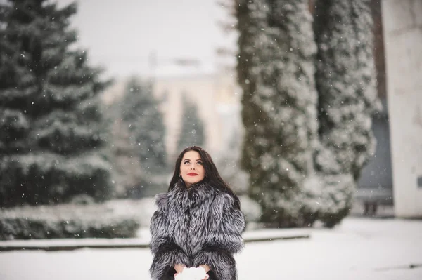 Retrato de inverno da menina beleza com neve — Fotografia de Stock