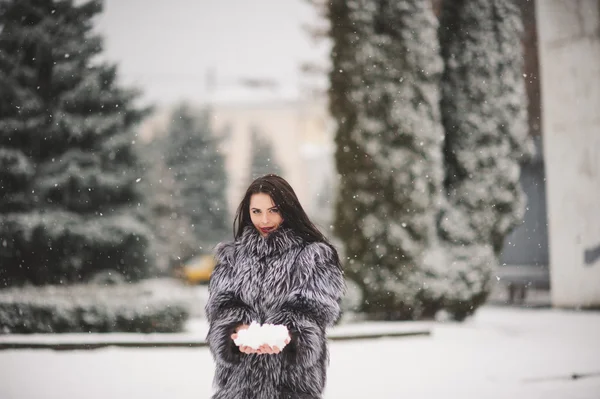 Winter Porträt der Schönheit Mädchen mit Schnee — Stockfoto