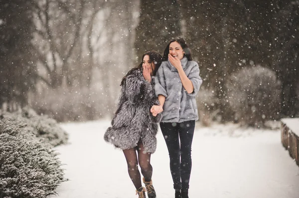 Funny girls enjoying winter weather — Stock Photo, Image