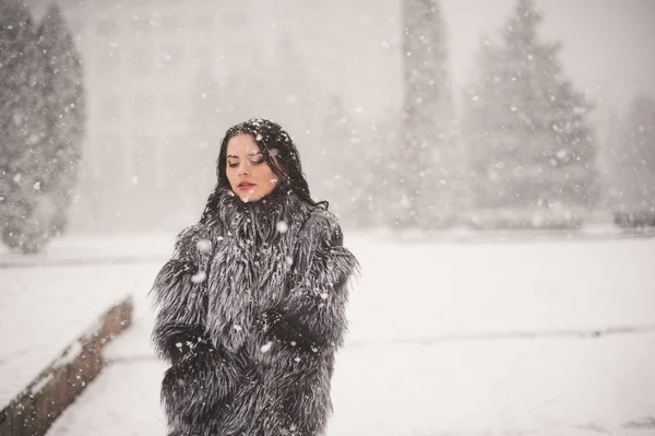 รูปภาพฤดูหนาวของสาวสวยที่มีหิมะ — ภาพถ่ายสต็อก