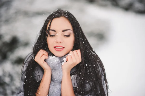 Retrato de inverno da menina beleza com neve — Fotografia de Stock