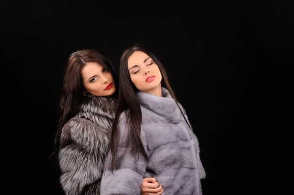 Beleza Moda Modelo Meninas em Azul Mink Fur Coat — Fotografia de Stock