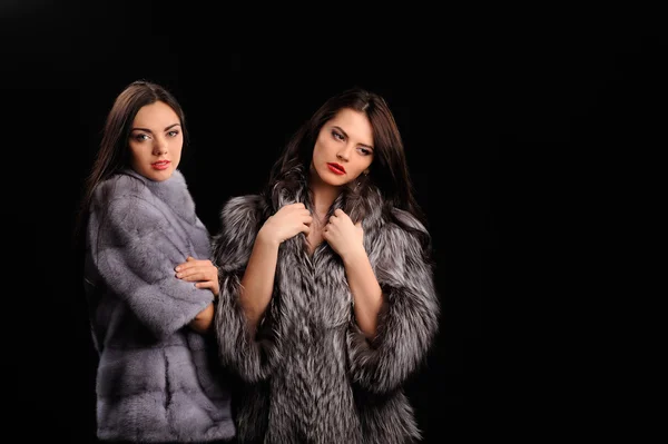 Beleza Moda Modelo Meninas em Azul Mink Fur Coat — Fotografia de Stock