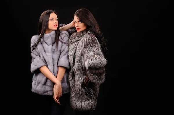 Beauty Fashion Model Girls in Blue Mink Fur Coat — Stock Photo, Image