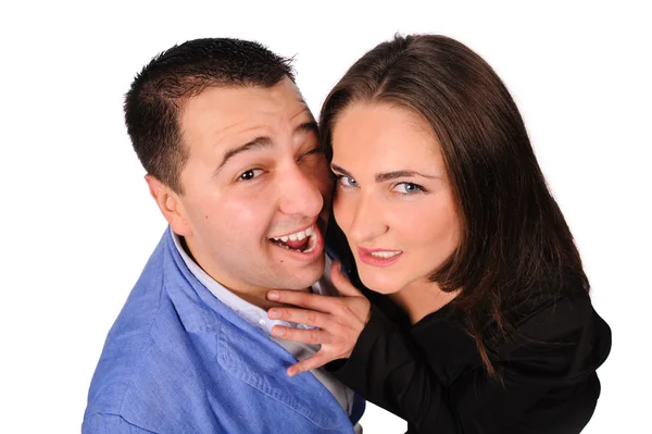 Man en vrouw met grappige gezichten geïsoleerd op witte achtergrond — Stockfoto