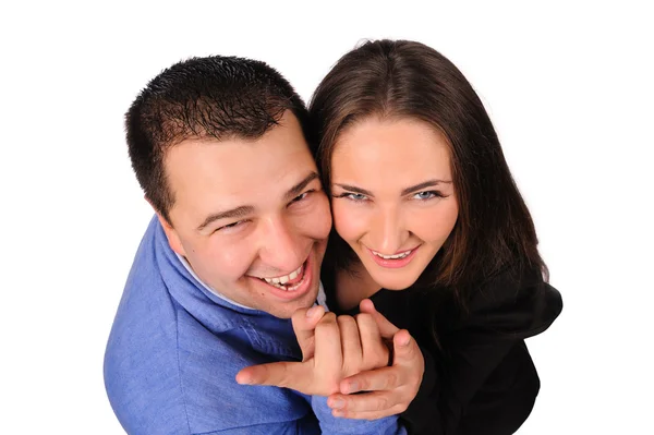 Férfi és nő, vicces arcok elszigetelt fehér háttér felett — Stock Fotó