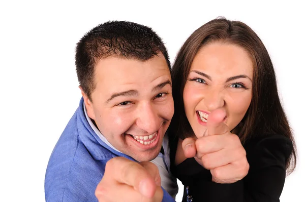 Man en vrouw met grappige gezichten geïsoleerd op witte achtergrond — Stockfoto