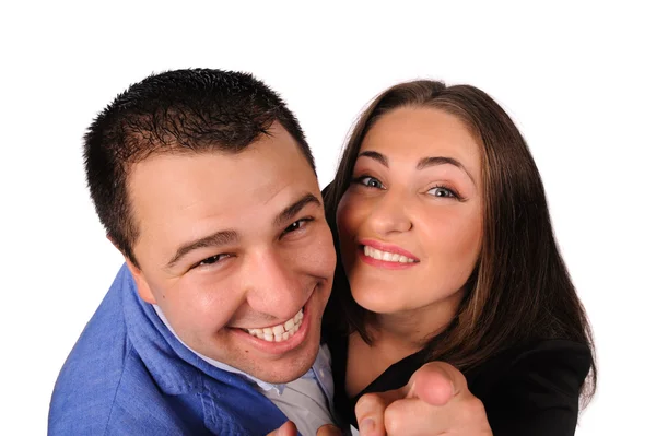 Mann und Frau mit lustigen Gesichtern isoliert auf weißem Hintergrund — Stockfoto