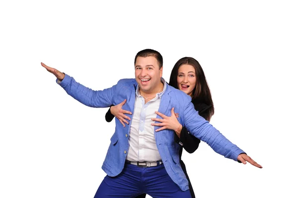 Hombre y mujer con caras divertidas aisladas sobre fondo blanco — Foto de Stock