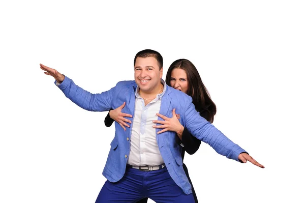 Man en vrouw met grappige gezichten geïsoleerd op witte achtergrond — Stockfoto
