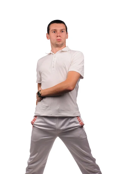 Hombre divertido en camisa blanca con diferentes emociones —  Fotos de Stock