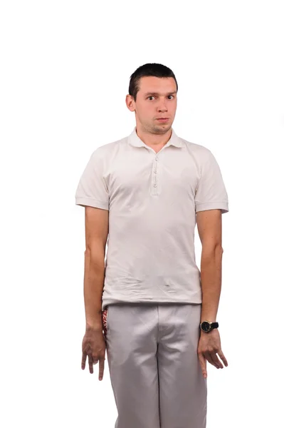 Hombre divertido en camisa blanca con diferentes emociones —  Fotos de Stock