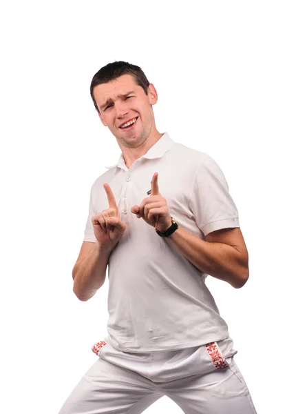 Hombre divertido en camisa blanca con diferentes emociones —  Fotos de Stock