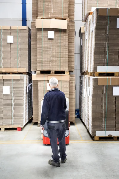 Trabajador de pie frente a las pilas de almacenamiento — Foto de Stock