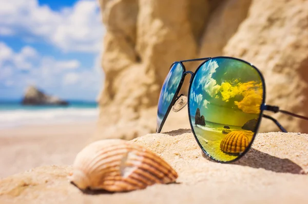 Óculos de sol e concha na praia tropical — Fotografia de Stock