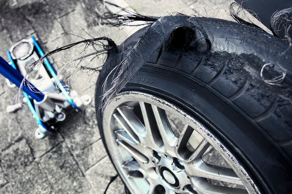 Neumático rasgado y gato — Foto de Stock