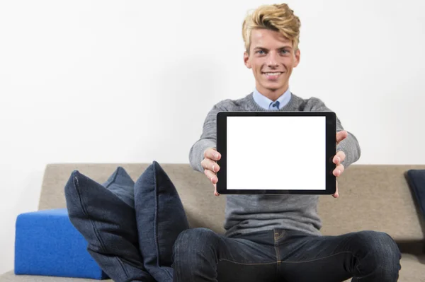 Tablet  held out by a young man — Stock Photo, Image