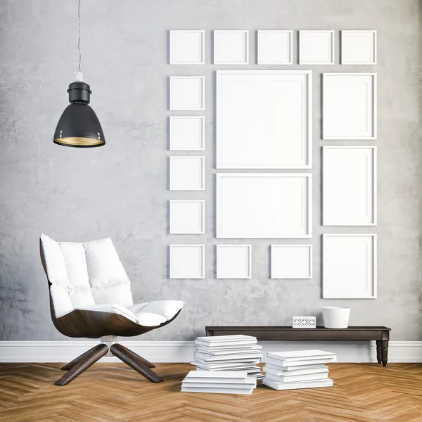3d renderização de belo interior limpo com molduras em branco e piso de madeira — Fotografia de Stock
