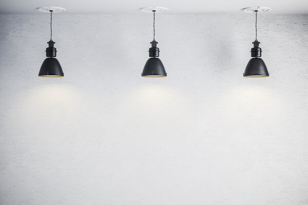 3d яркая внутренняя установка с потолочной лампой и белой стеной
