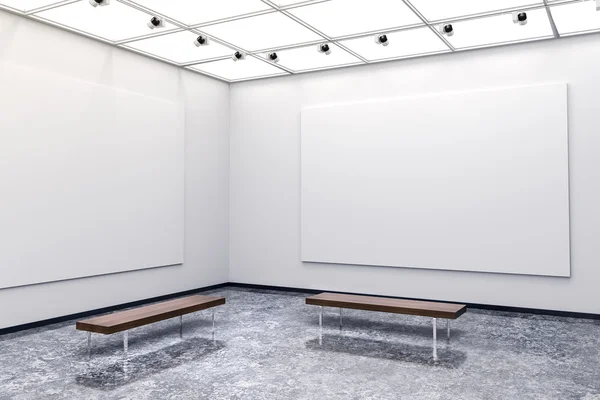 3D moderního interiéru galerie s bílými zdmi a plátna — Stock fotografie