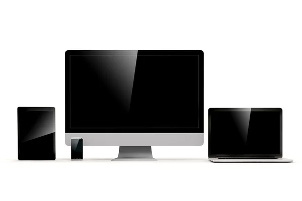 3d conjunto de pc, laptop, tablet e telefone no fundo branco — Fotografia de Stock