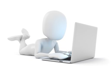 Beyaz arka plan üstünde laptop ile 3D adam