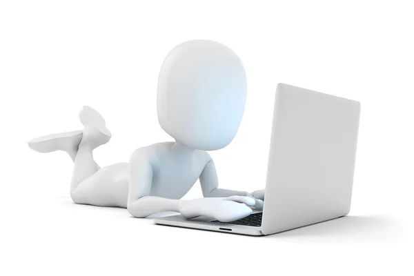3D человек с ноутбуком на белом фоне — стоковое фото