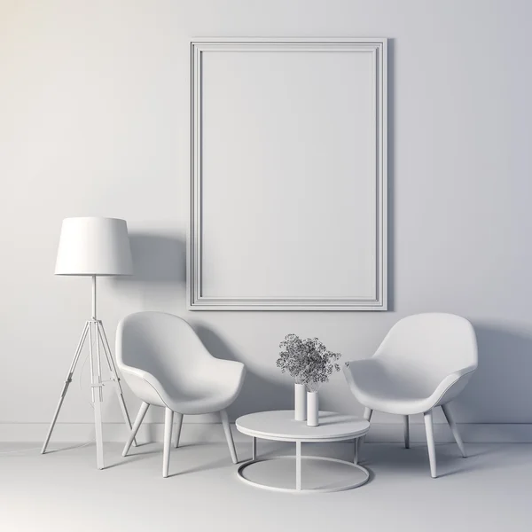 3d renderização de belo interior limpo com molduras em branco e cadeiras — Fotografia de Stock