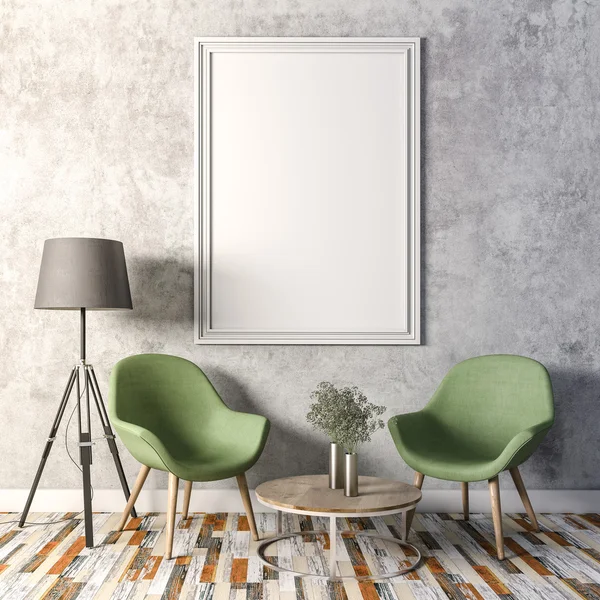 3d render of beautiful clean interior with blank frames and chairs — Stock Photo, Image