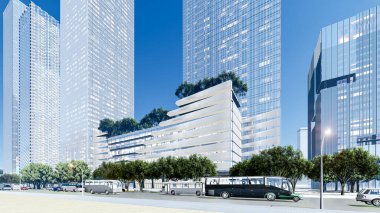 Üç boyutlu güzel modern şehir gökdelenleri ve yüksek binalar.