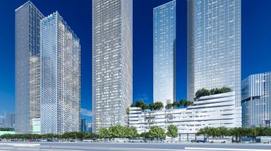 Üç boyutlu güzel modern şehir gökdelenleri ve yüksek binalar.