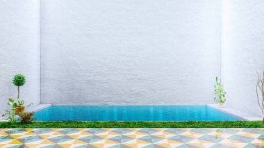 3D iç mimari, havuzu ve beyaz duvarları var.