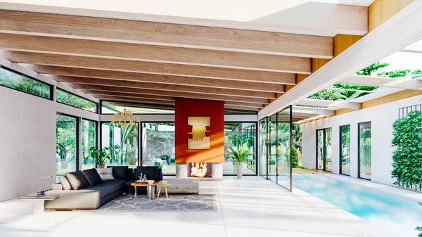 Rendering Una Bella Casa Moderna Con Piscina — Foto Stock