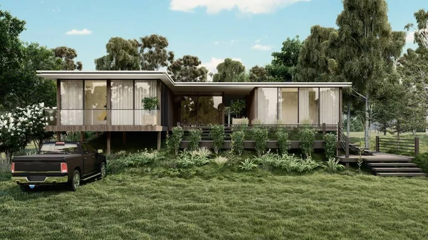 Darstellung Eines Schönen Hauses Mit Bäumen Und Frischem Grünen Gras — Stockfoto