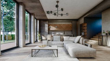 Büyük pencereli güzel iç odanın 3D görüntüsü