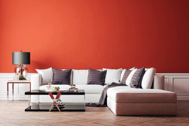 3 boyutlu temiz iç döşeme, kanepe ve kahve masası.