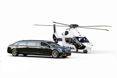 Lüks limuzin ve özel helikopterin beyaz arka planda üç boyutlu canlandırması