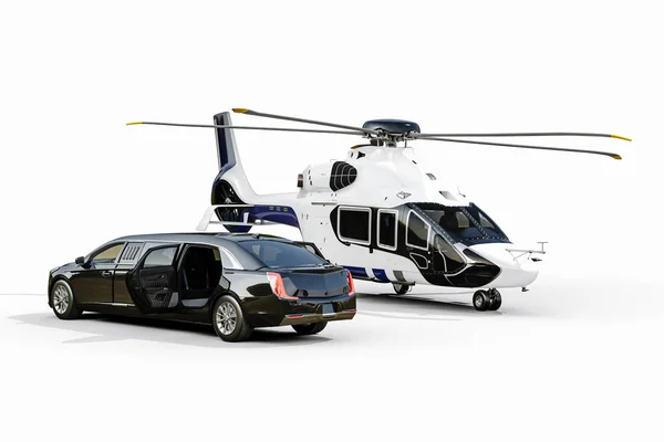 3d render of luxury limousine and private helicopter in white background