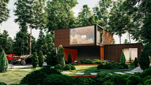 Rendering Eines Modernen Hauses Inmitten Der Natur — Stockfoto