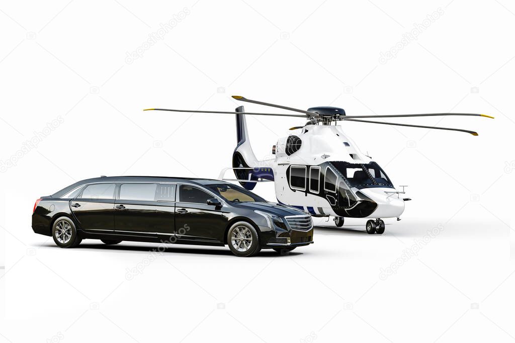 3d render of luxury limousine and private helicopter in white background