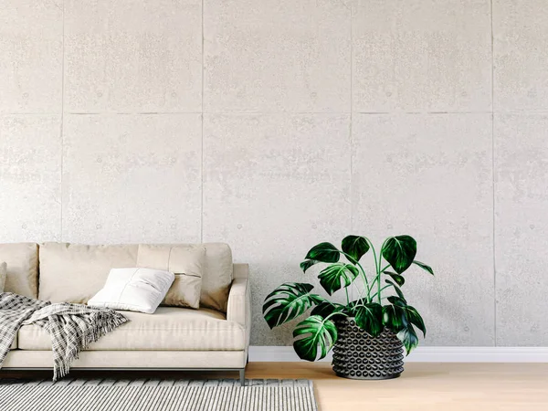 ソファと床植物と美しいインテリアの3Dレンダリング — ストック写真