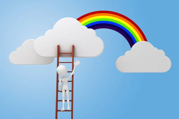 3d homem escalando em uma escada, nuvens e arco-íris conceito competitivo — Fotografia de Stock