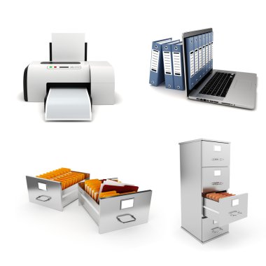 3D office öğeleri kümesi, beyaz zemin üzerine