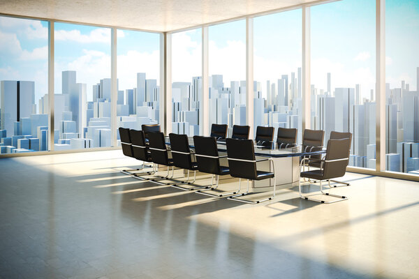Modern office interior with beautiful worm daylight and city skyline in the background