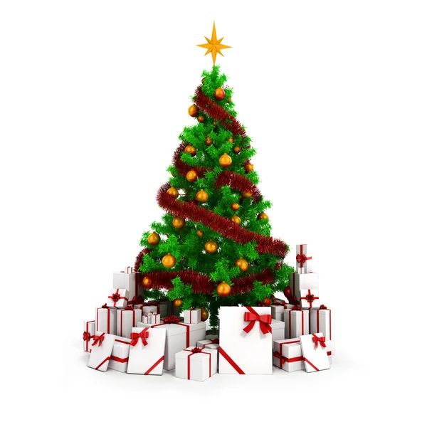 3D vackra julgran med ornament på vit bakgrund — Stockfoto