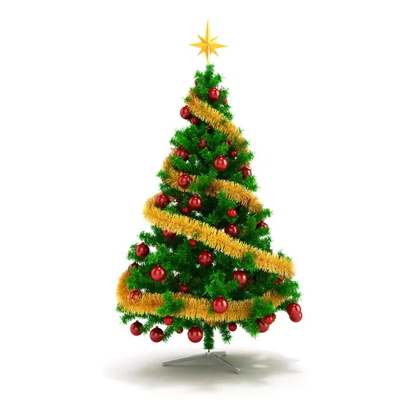 3D schöner Weihnachtsbaum mit Ornamenten auf weißem Hintergrund — Stockfoto