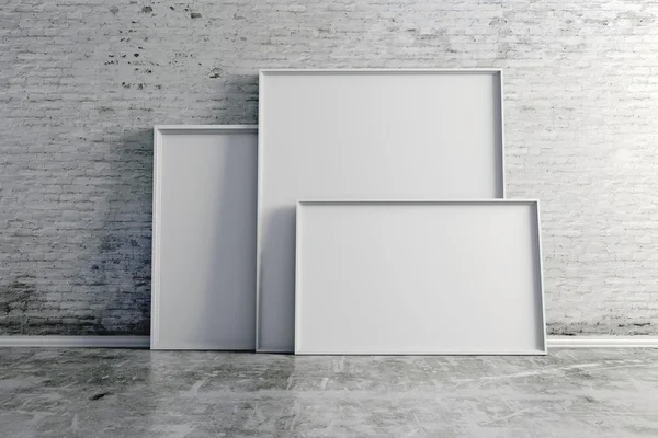 3d blank frames on white vintage brick wall — Stock Photo, Image